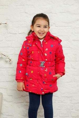 Kapşonlu İçi Polar Renkli Yonca Baskılı Şişme Mont