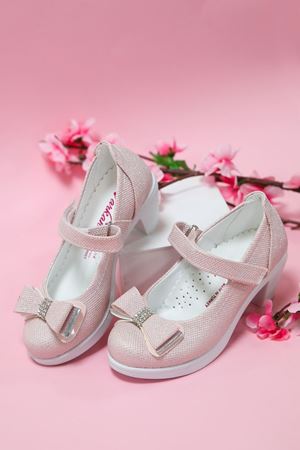 Topuklu Pembe Simli Kız Çocuk Ayakkabı