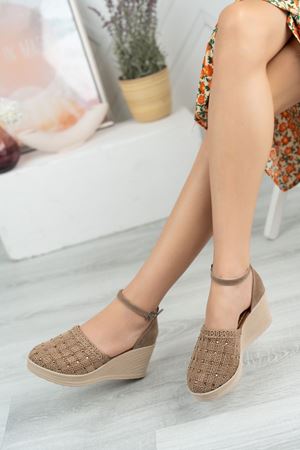 Dolgu Taban Ekose Örgü Taşlı Vizon Karnıyarık Ayakkabı