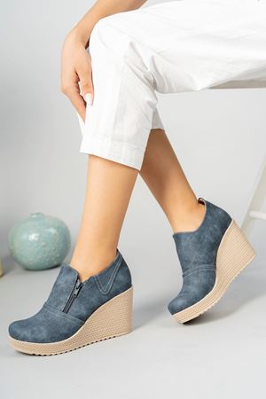 Dolgu Taban Yandan Fermuarlı Lacivert Kot Ayakkabı