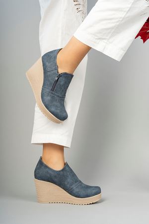 Dolgu Taban Yandan Fermuarlı Lacivert Kot Ayakkabı