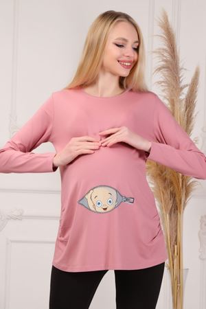 Uzun Kollu Baskılı Hamile Tişört