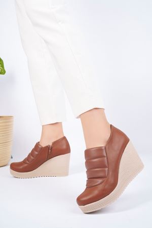 Dolgu Taban Yandan Fermuarlı Taba Cilt Kadın Ayakkabı