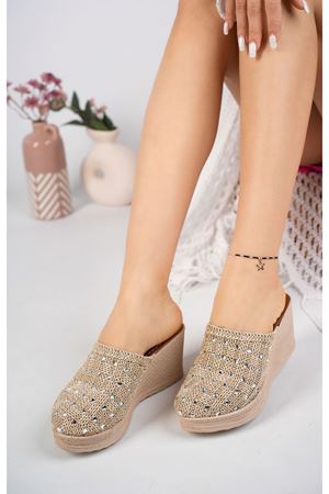 Dolgu Taban Ekose Örgü Önü Kapalı Taşlı Ten Terlik