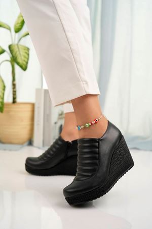 Dolgu Taban  Fermuarlı Siyah Cilt Kadın Ayakkabı