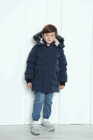 Kapşonlu İçi Yünlü Lacivert Erkek Çocuk Mont