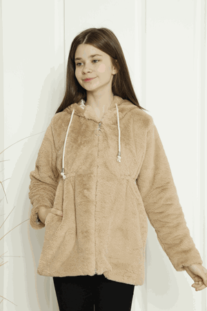 Kapşonlu Beli Büzgülü Kız Çocuk Mont