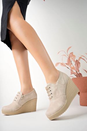 Dolgu Topuk Fermuarlı Krem Kot Kadın Ayakkabı