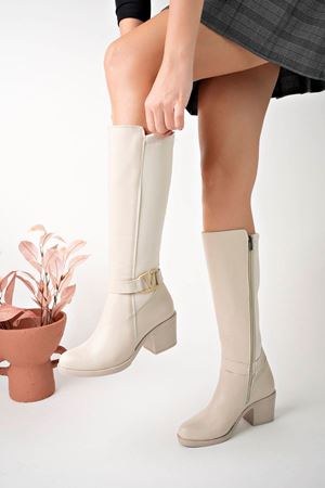 Ökçeli Yanı Tokalı Krem Cilt Kadın Çizme