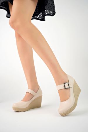 Dolgu Taban Tek Bant Krem Cilt Kadın Ayakkabı