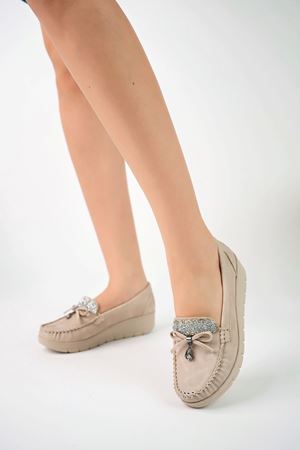 Dolgu Taban Dili Taşlı Krem Kot Kadın Ayakkabı