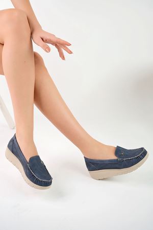 Dolgu Taban Ortopedik Ped Lacivert Kot Kadın Ayakkabı