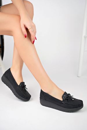 Dili Taşlı Dolgu Taban Ortopedik Ped Siyah Kot Kadın Ayakkabı