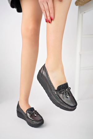 Dili Taşlı Dolgu Taban Ortopedik Ped Platin Kadın Ayakkabı