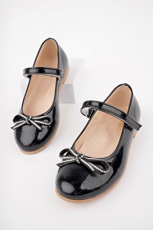 Bıyık Fiyonk Siyah Rugan Kız Bebe Ayakkabı