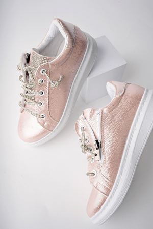 Dili Taşlı Yandan Fermuarlı Pudra Kız Çocuk Ayakkabı