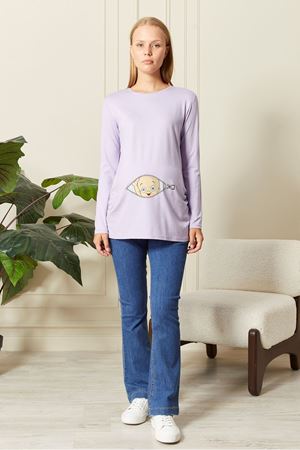 Uzun Kollu Baskılı Hamile Tişört