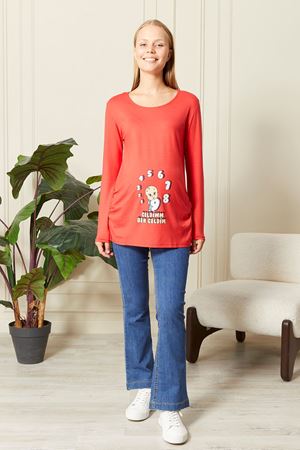 Uzun Kollu Baskılı Hamile Tişört