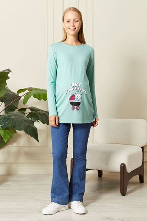 Uzun Kollu Baskılı Hamile Tişört