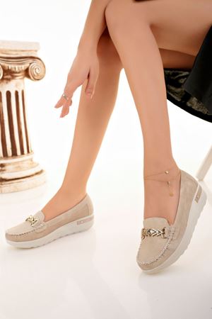 Dolgu Topuk Tokalı Krem Kot Ayakkabı