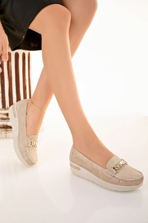 Dolgu Topuk Tokalı Krem Kot Ayakkabı
