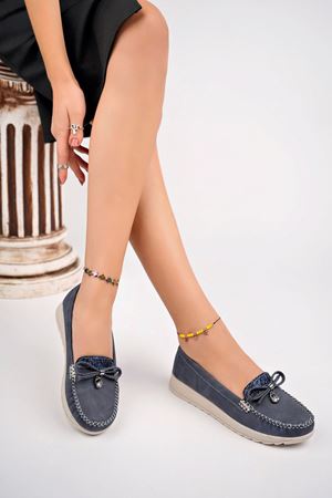 Dolgu Topuk Termo Taban Dili Taşlı Lacivert Kot Ayakkabı