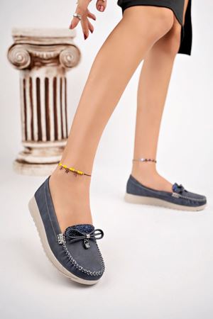 Dolgu Topuk Termo Taban Dili Taşlı Lacivert Kot Ayakkabı