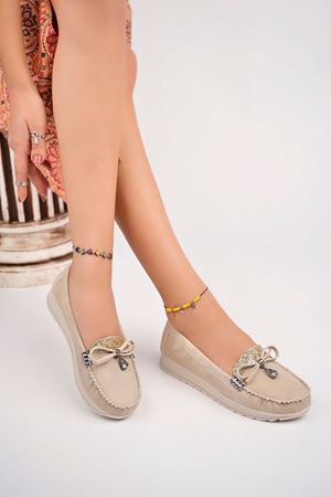 Dolgu Topuk Termo Taban Dili Taşlı Krem Kot Ayakkabı