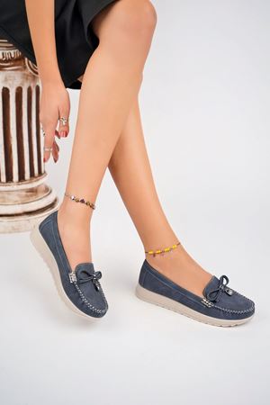 Dolgu Topuk Termo Taban Fiyonklu Lacivert Kot Ayakkabı