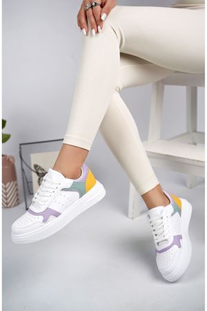 Alçak Taban Mekval Dikişli Lila Garnili Beyaz Spor Ayakkabı
