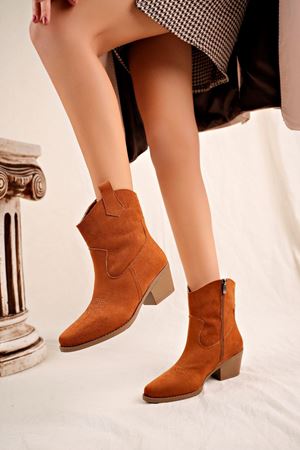 Fermuarlı Taba Süet Kısa Kovboy Çizme