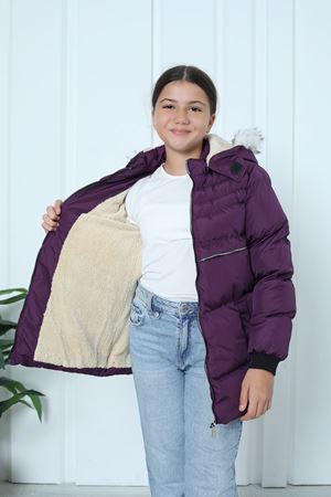 Kapşonlu İçi Yünlü Mor Çocuk Kaban