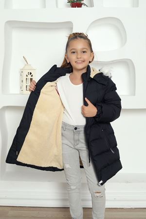 Kapşonlu İçi Yünlü Siyah Çocuk Kaban