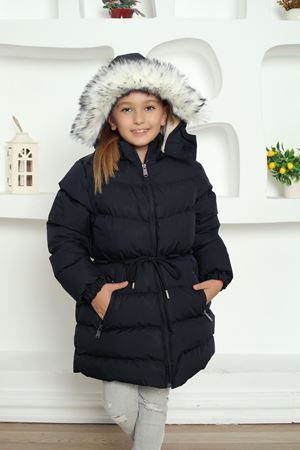 Kapşonlu İçi Yünlü Siyah Çocuk Kaban