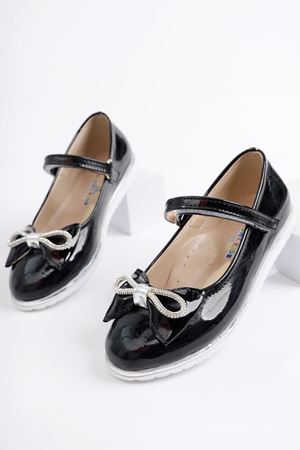 Taşlı Fiyonk Siyah Rugan Kız Çocuk Ayakkabı