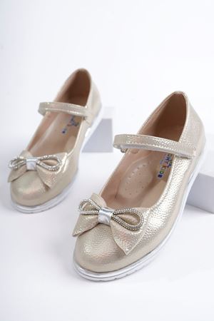 Taşlı Fiyonk Altın Parlak Kız Çocuk Ayakkabı