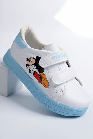 Baskılı Beyaza Mavi Garnili Bebe Ayakkabı