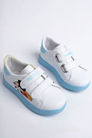 Baskılı Beyaza Mavi Garnili Bebe Ayakkabı