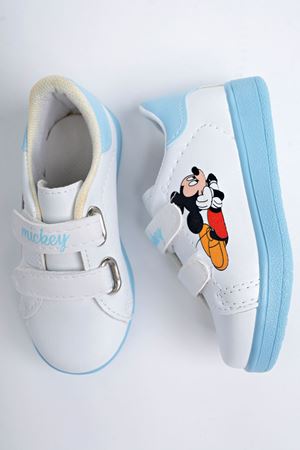 Baskılı Beyaza Mavi Garnili Bebe Ayakkabı