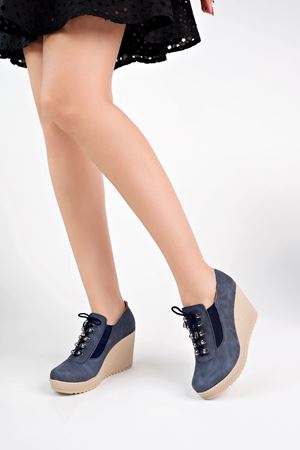Dolgu Topuk Kancalı Lacivert Kot Kadın Ayakkabı
