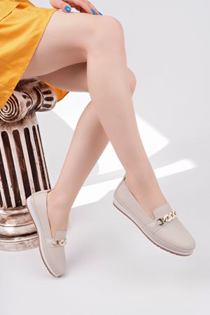 Dolgu Topuk Krem Cilt Ayakkabı