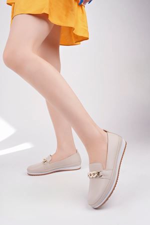 Dolgu Topuk Krem Cilt Ayakkabı