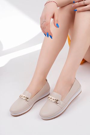 Dolgu Topuk Krem Cilt Ayakkabı