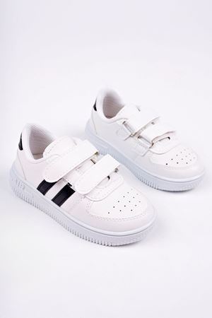 Beyaz Yanı Siyah Şeritli Cırtlı Çocuk Spor Ayakkabı